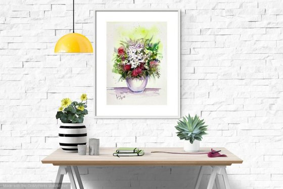 Vase of Flowers Watercolor Floral painting- 10.25"x 14"