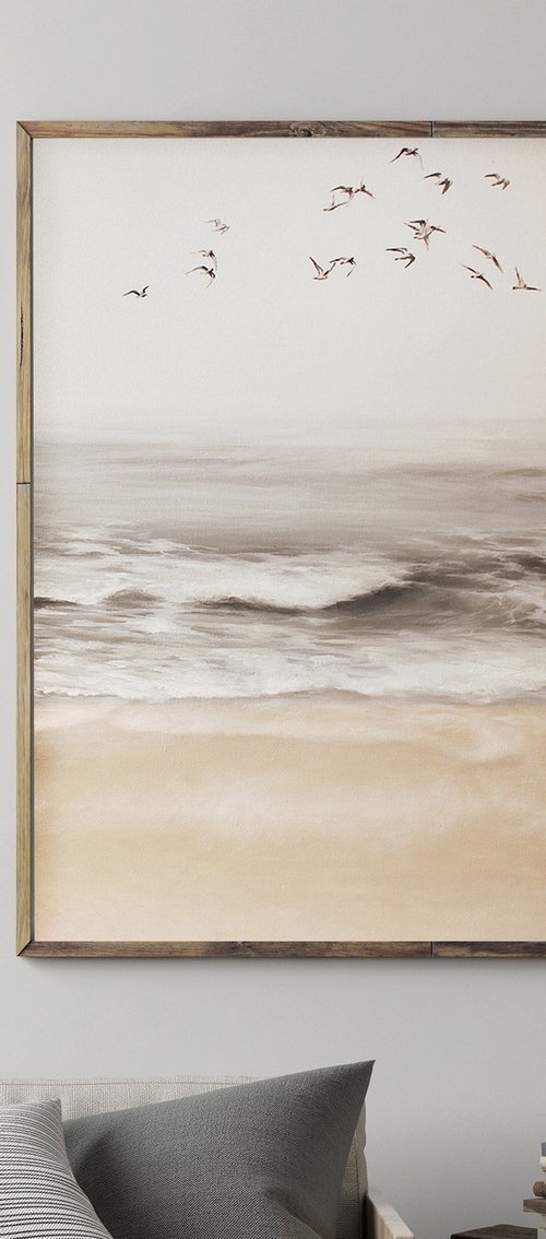 "Sea vibes 4" Beige gray landscape art by Mary Amur