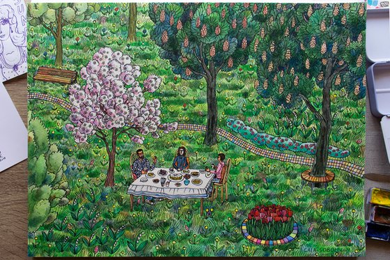 Tea party under a blossoming apple tree by Gala Sobol