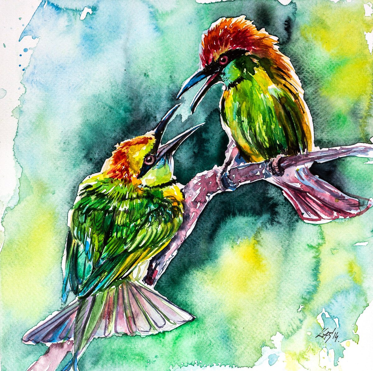 Impressionistic Animal Watercolour By Kovacs Anna Brigitta, 10 X 10", Colorful Birds, Original Artwork
