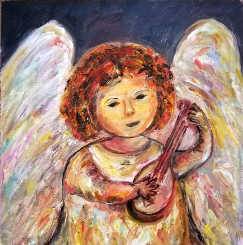 "Angel Playing the mandolin" Original Oil on Canvas Board Painting 20x20cm/8x8 in by Katia Ricci