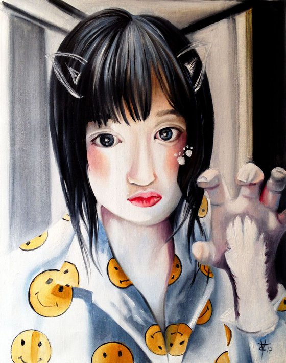 Selfie people : Meow girl - original painting- modern pop and urban portrait - 35 x 45 cm (14' x 17' )