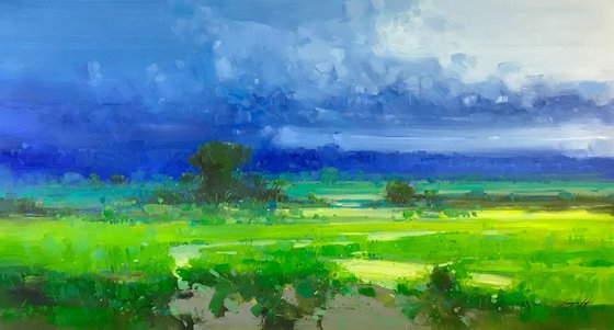 Cobalt Summer, Landscape oil painting, One of a kind, Handmade artwork, Ready to hang
