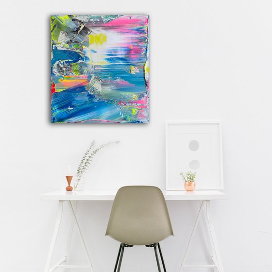 "Like, Everything's Connected Man" - Original PMS Abstract Acrylic Painting On Reclaimed Wooded Desk Panel - 24" x 27"