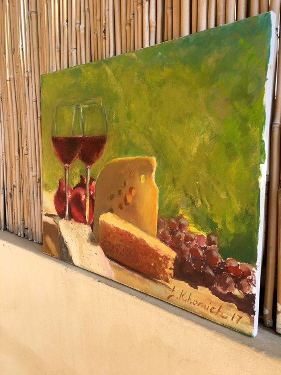 Original Still life oil painting, wine glasses paintings sale, wine oil painting canvas