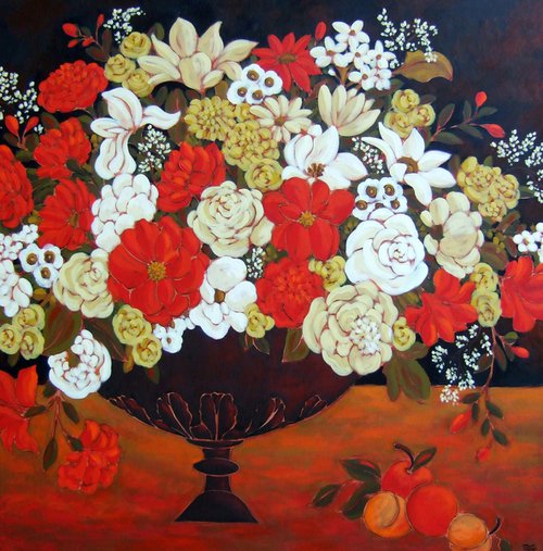 Ivory and Crimson Blooms by Karen Rieger