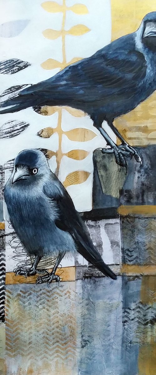 The watchers (Jackdaws mixed media painting) by Carolynne Coulson
