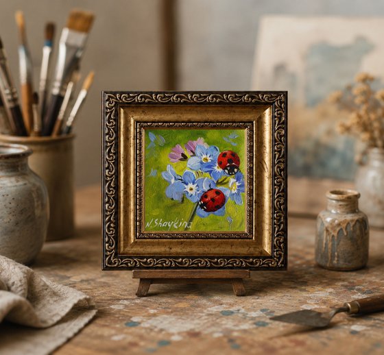 Ladybugs and Blue Flowers
