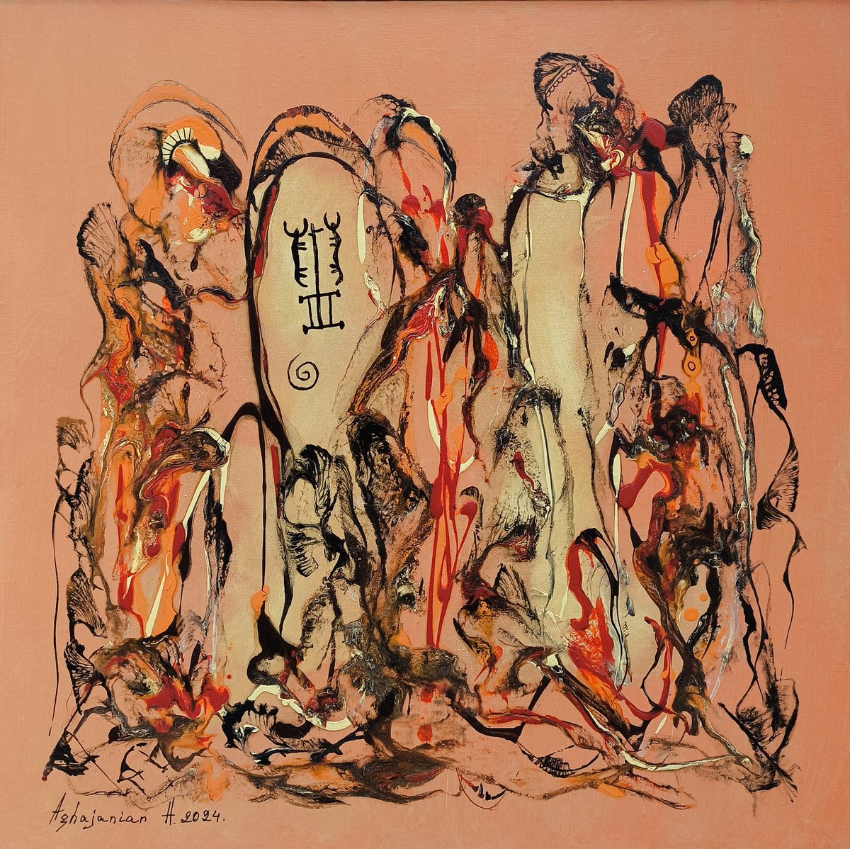 Abstract Portrait Oil Painting By Harutyun Aghajanyan, 20 X 20, Mystical Imprints, Original Artwork