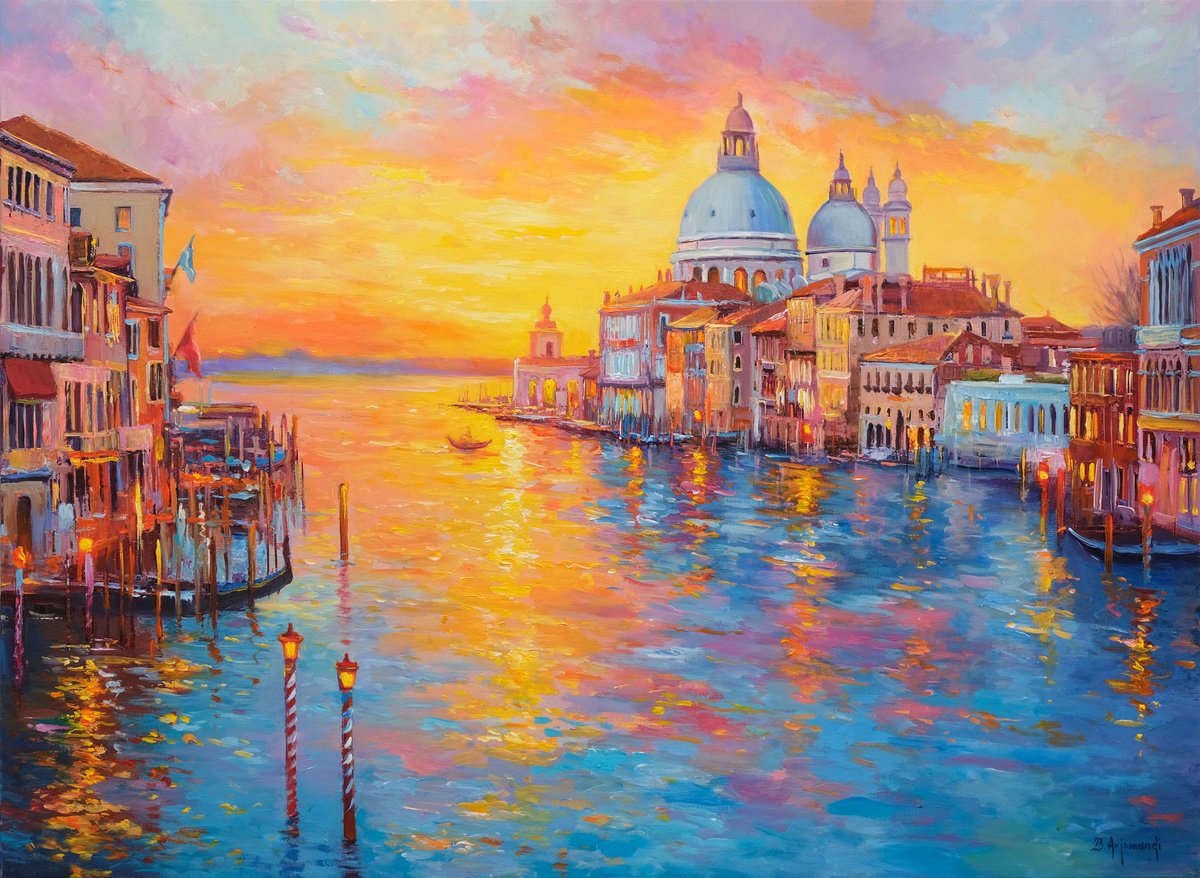 Impressionistic Landscape Acrylic Painting By Behshad Arjomandi, 39 X 29, Venice Sunset Reflections, Original Artwork