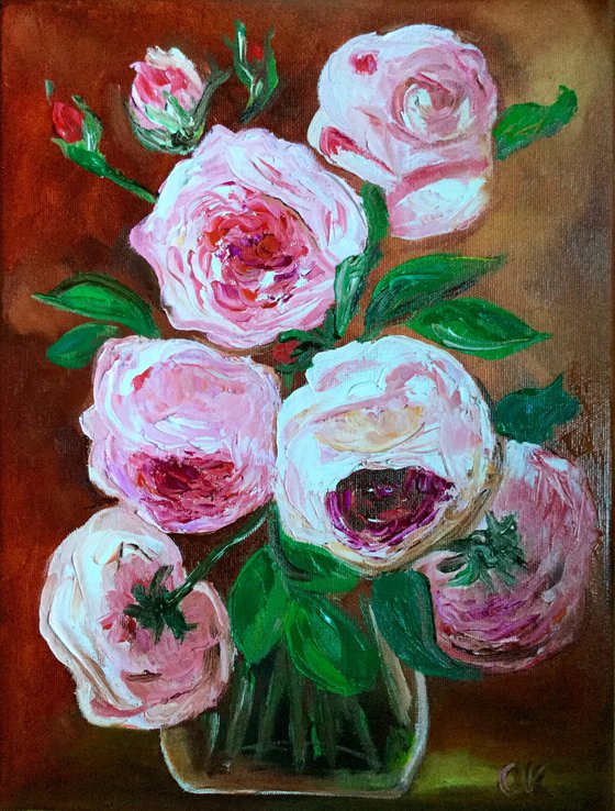 BOUQUET OF CORAL ROSES #4 palette knife modern red pink still life  flowers Dutch style office home decor gift