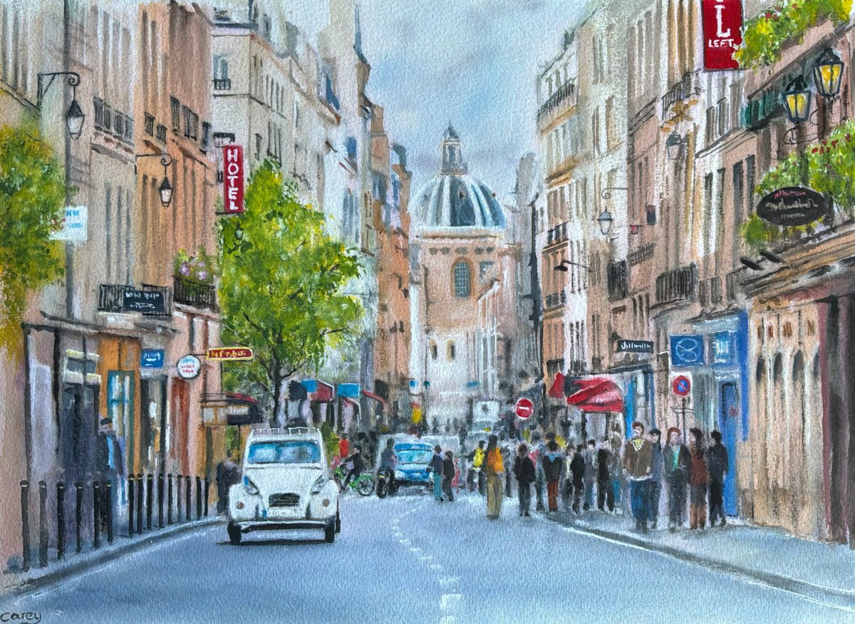 Photorealistic Watercolour , Busy Paris Scene By Darren Carey, 15 X 11, Artwork For Sale On Artfinder