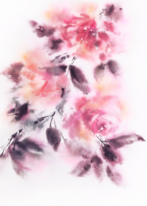 Watercolor flowers painting "Autumn roses-2"