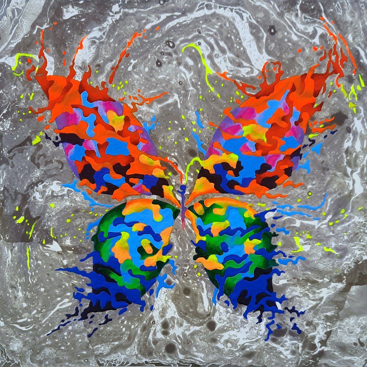 Abstract Animal Acrylic Painting By Mariia Raskin, 10 X 10", Butterfly «Bright Idea», Original Artwork