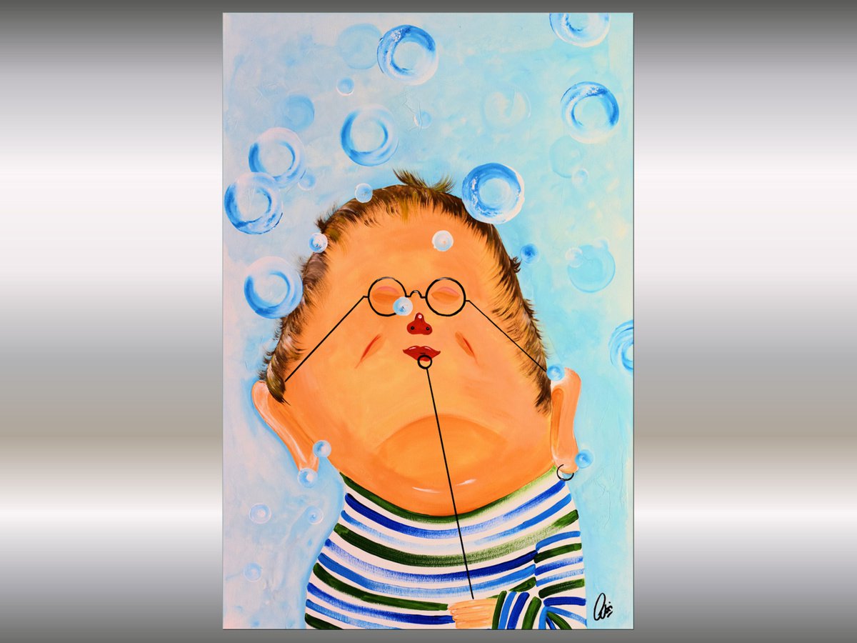 Mr Bubbles - Abstract Acrylic Painting Whimsical Art Oversized Painting Blue Art Ready to... by Edelgard Schroer