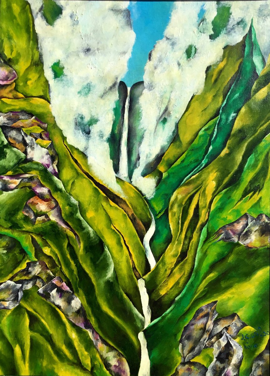 Landscape Oil Painting By Jg Wilson, 20 X 15, Waterfall N. 2, Original Artwork