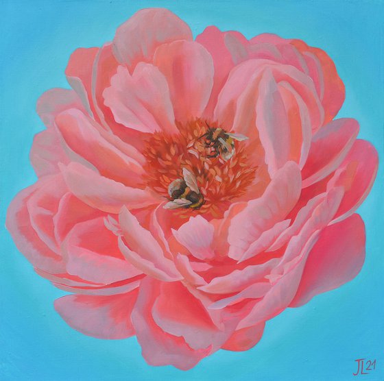 Peony and bees Flower painting Original oil Gift Pink blue turquoise
