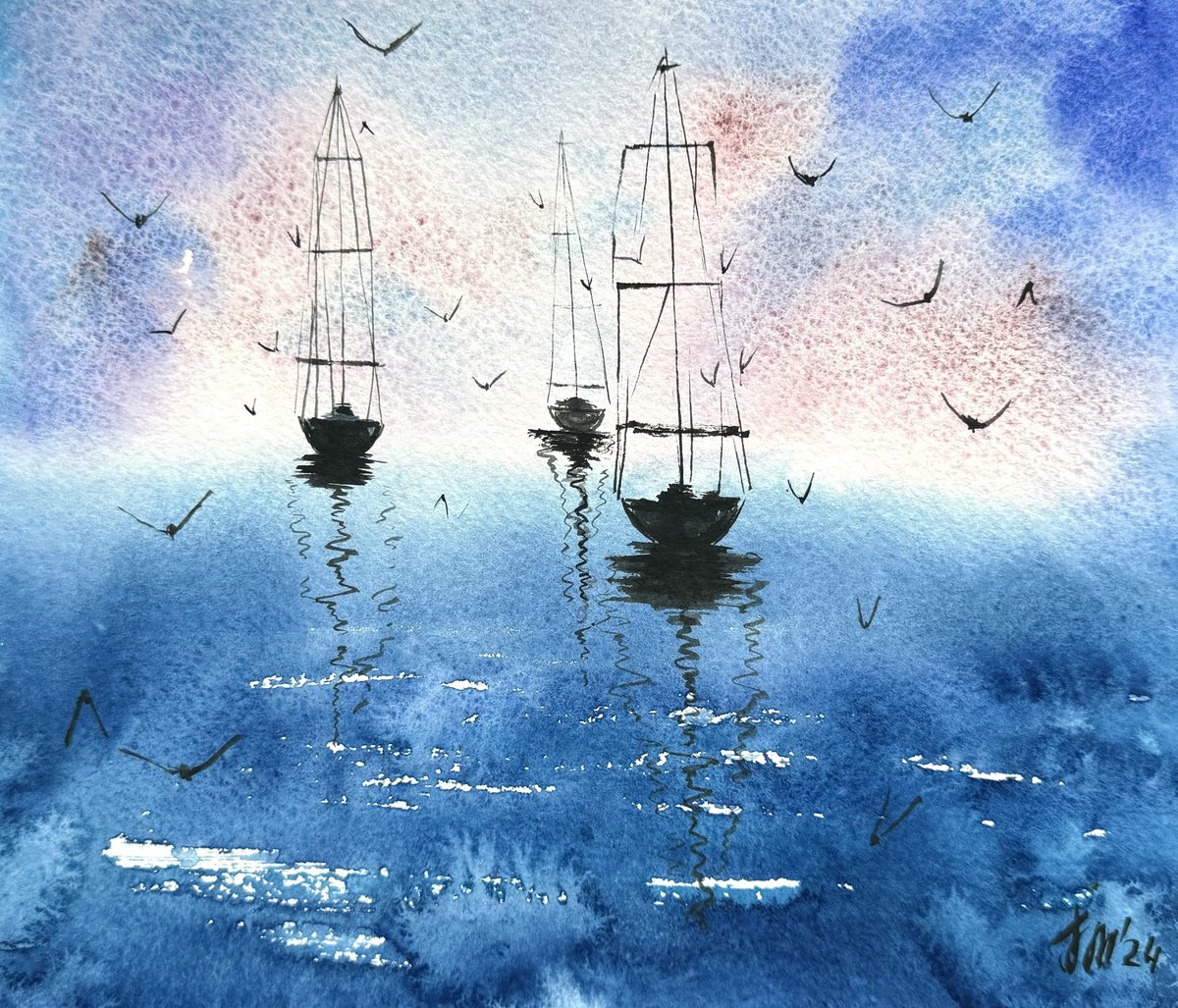 Impressionistic Landscape Drawing By Yuliia Sharapova, 11 X 9", Seascape 3 Yachts And Seagulls, Original Artwork