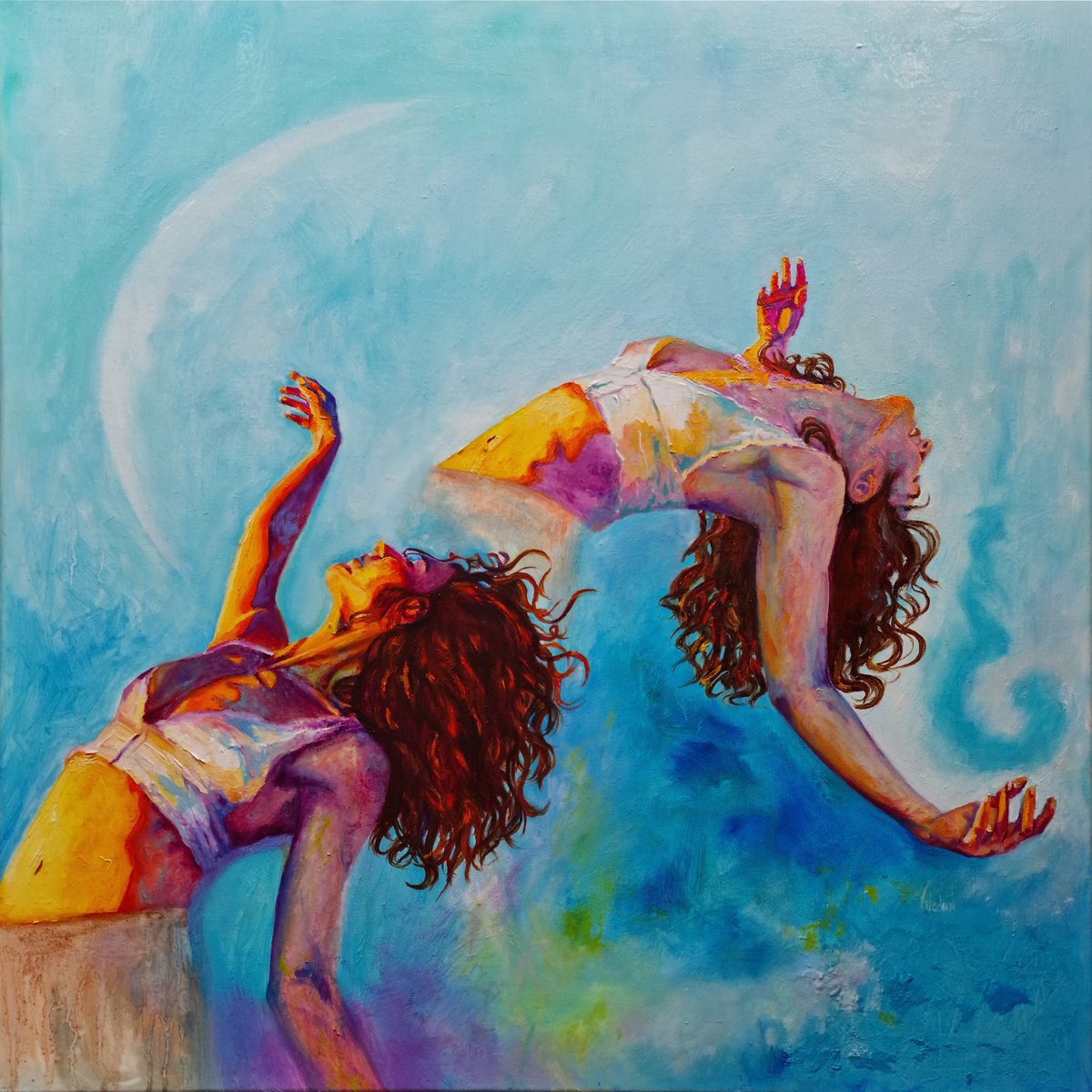 Portrait Oil Painting By Wedad Alamin, 28 X 28", Untitled On Blue, Original Artwork