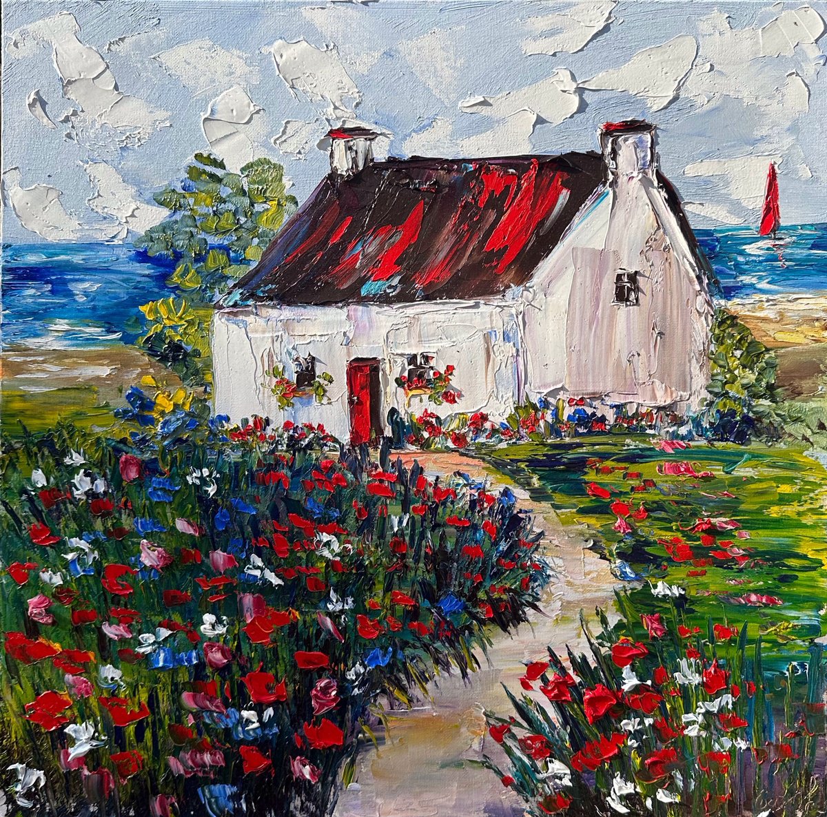 Impressionistic Cityscapes Oil Painting By Oksana Fedorova, 20 X 20", Old House With Red Flowers, Original Artwork