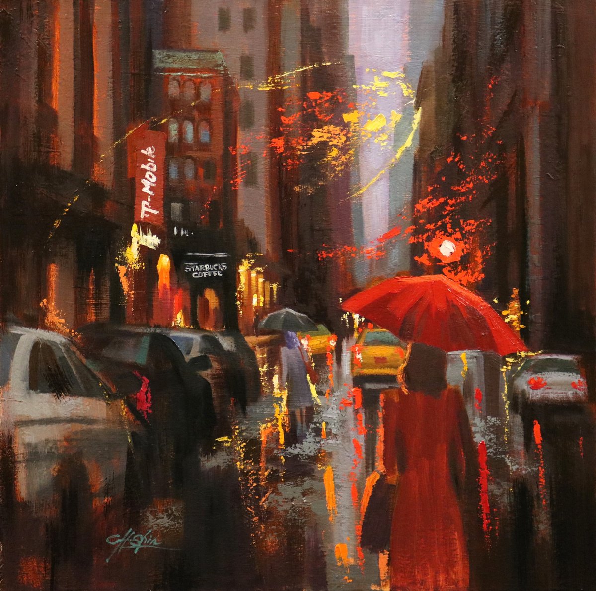 Expressive Oil Painting , Evening Rain In Madison Avenue By Chin H Shin, 24 X 24, Artwork For Sale On Artfinder
