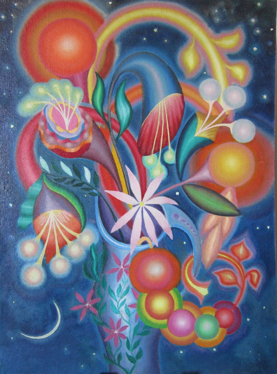 Abstract Botanical Oil Painting By Liubov Palii, 19 X 25", Night Flowers, Original Artwork