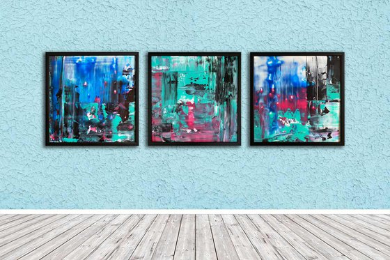 "Night Walkers" - Save As A Series - Original PMS Abstract Triptych Acrylic Paintings On Plexiglass, Framed - 78" x 26"