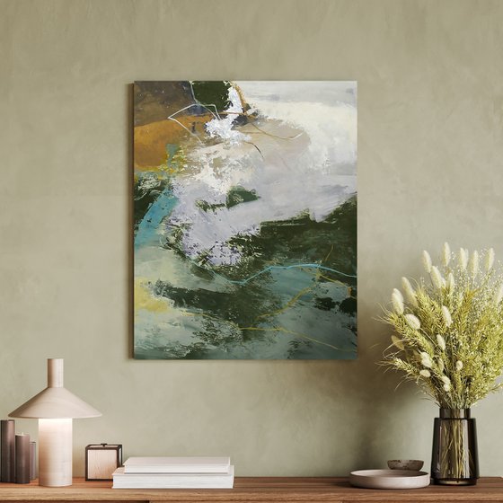 "Green Glory 4" Abstract green gray brown art