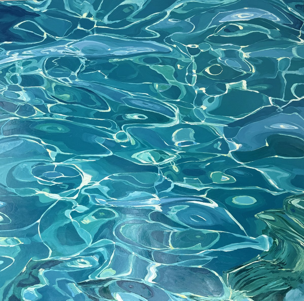 Abstract Oil Painting By Ulyana Korol, 39 X 39", Liquid Turquoise, Original Artwork