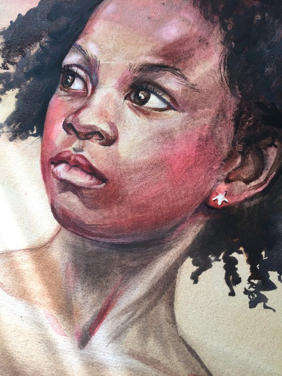 Portrait of a dark-skinned girl. Black girl, portrait painting