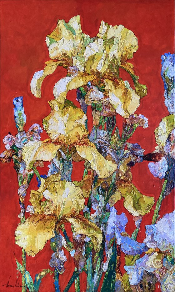 Irises on a red background.