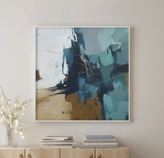"Trino" Teal white brown abstract art