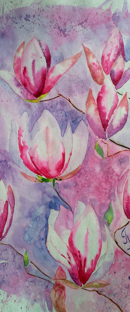 Magnolia Watercolor Painting by Halyna Kirichenko