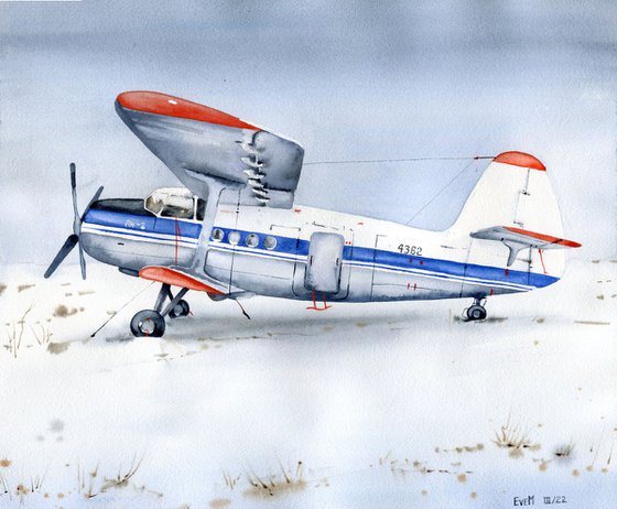 The plane is parked. Original watercolor artwork.