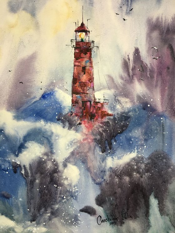 SOLD Watercolor "Sea storm. Red lighthouse”