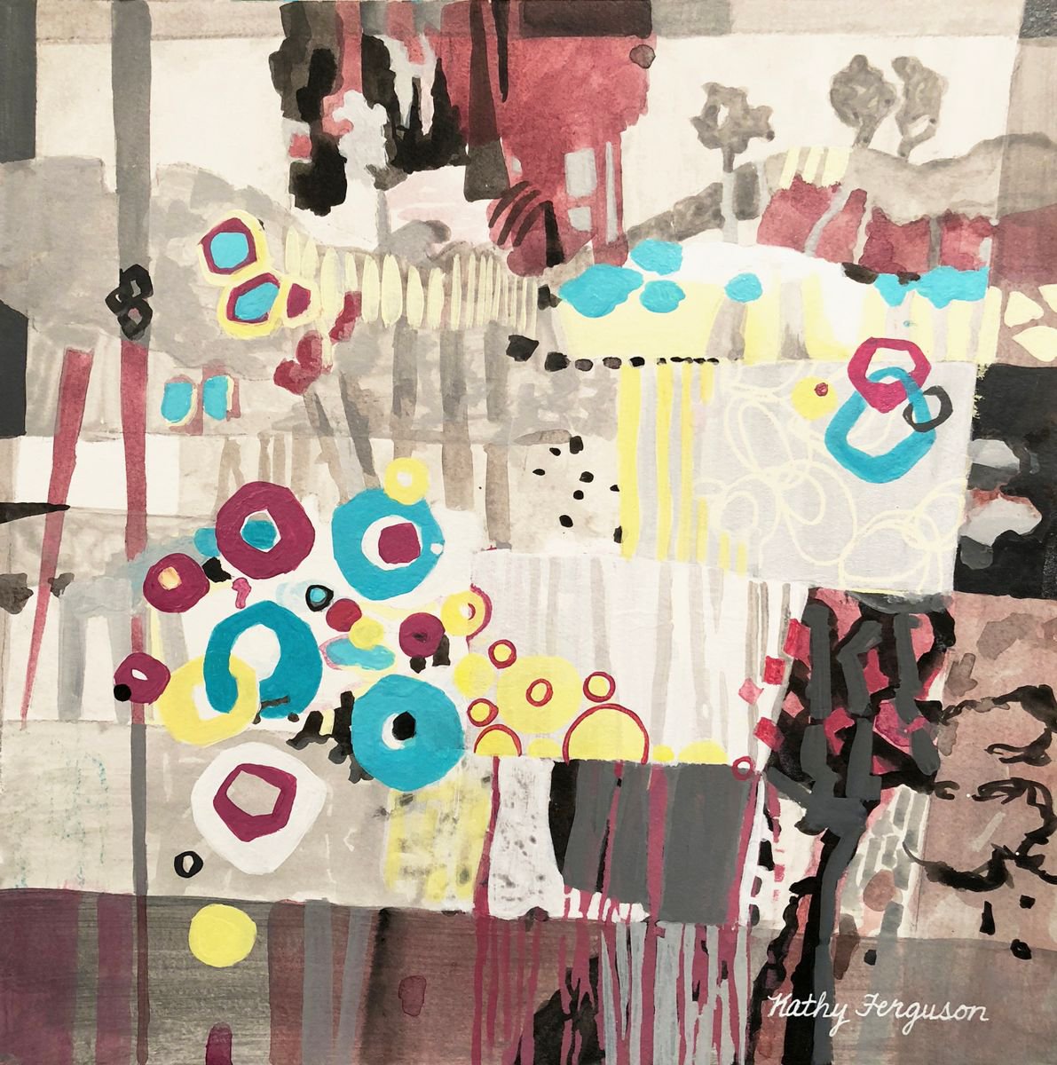 Geometric Abstract Acrylic Painting By Kathy Ferguson, 12 X 12", Apple Orchard, Original Artwork