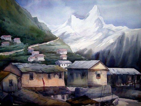 Beauty of Himalayan Peaks & Village - Watercolor painting