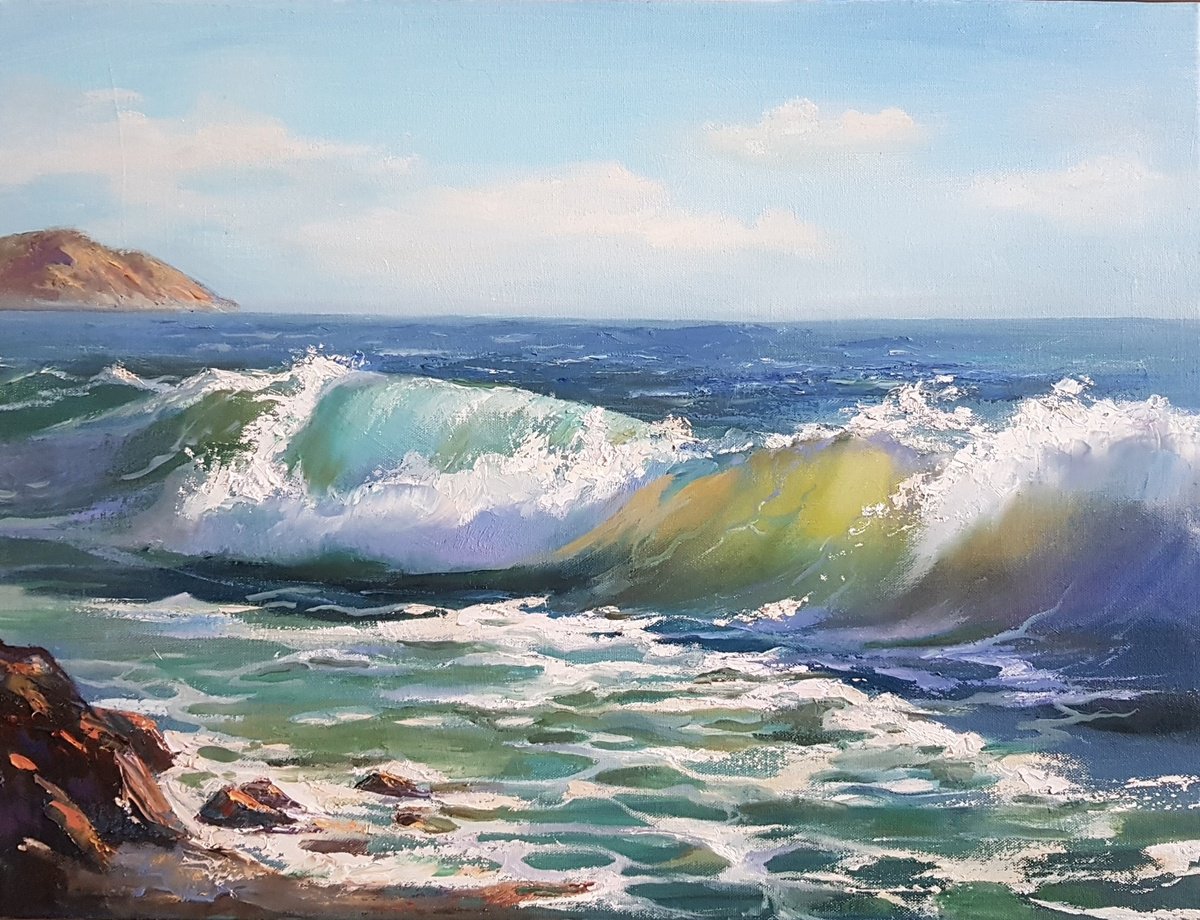 Impressionistic Landscape Oil Painting By Olga Lomax, 24 X 18", Waves. Seascape Painting, Original Artwork
