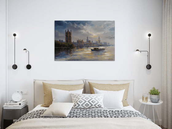 London Evening -  Thames, Palace of Westminster, large original oil painting