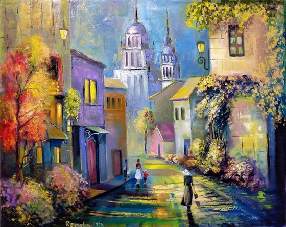 " Morning in Italy " - 100 x 80cm Original Oil Painting Large XL Landscape old Cityscape