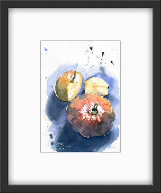 Pumpkin etude 2, 18,5x28, watercolor, orange, yellow, blue, stillife, pumpkin