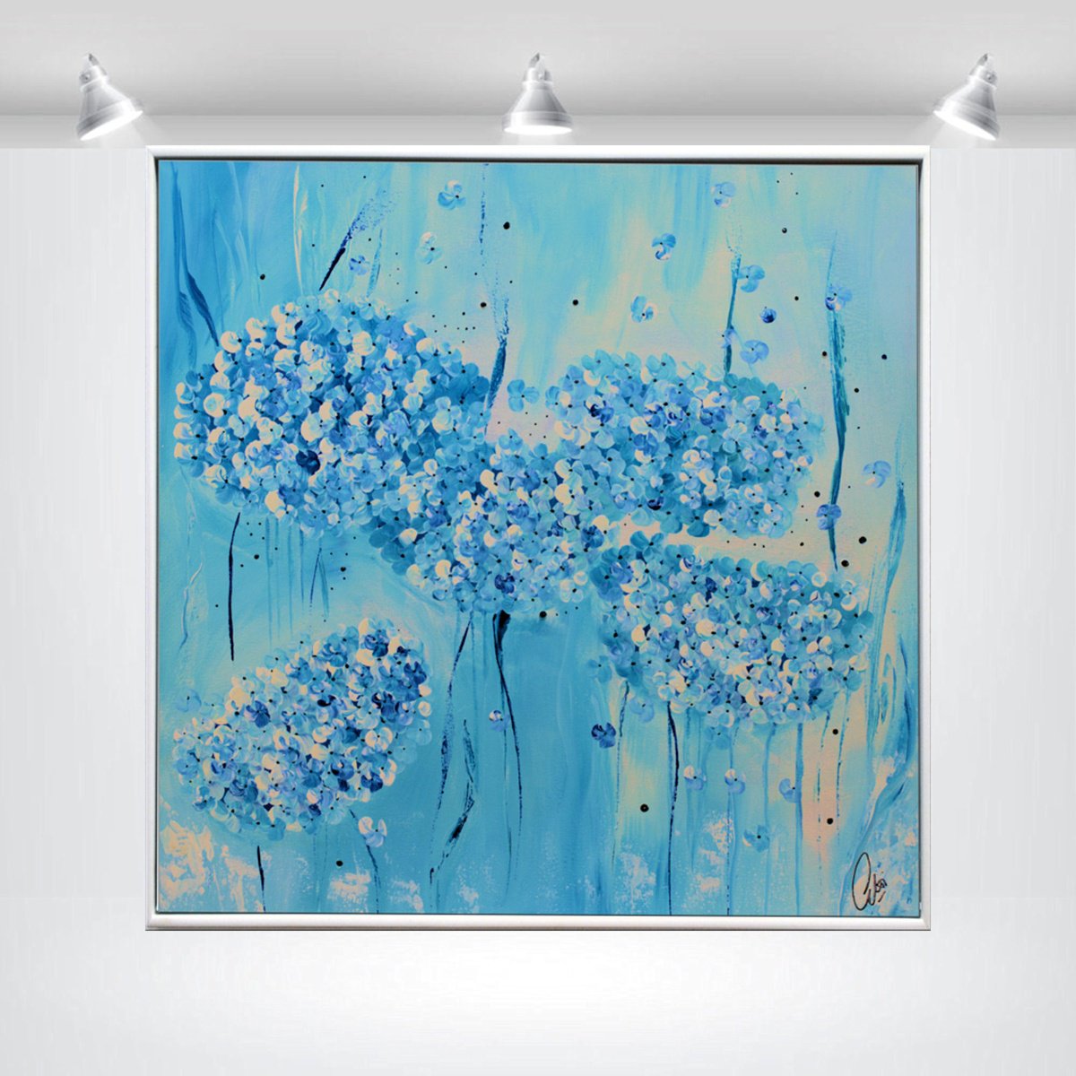 Abstract Botanical Acrylic Painting By Edelgard Schroer, 29 X 29, Whispering Blues, Original Artwork