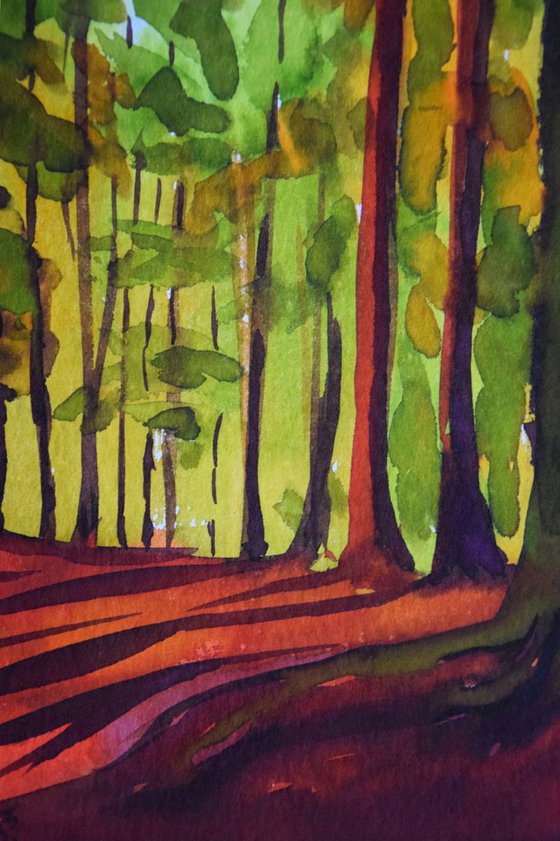 Norwegian watercolor painting Sunset forest, Sun through trees in Norway