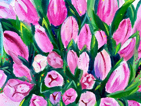 Tulips Original Gouache Painting, Flower Watercolor Art, Bouquet Artwork, Cottagecore Aesthetic