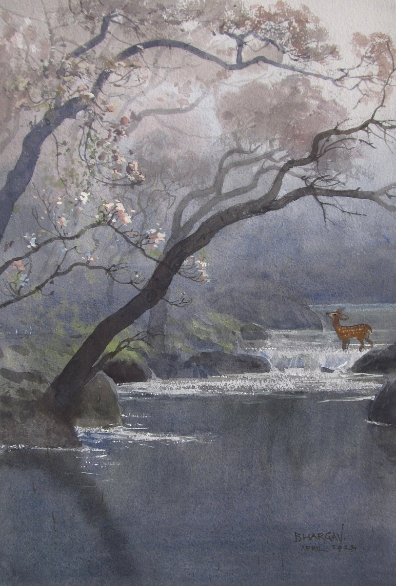 Impressionistic Landscape Watercolour By Bhargavkumar Kulkarni, 12 X 18, Cherry Blossom, Original Artwork
