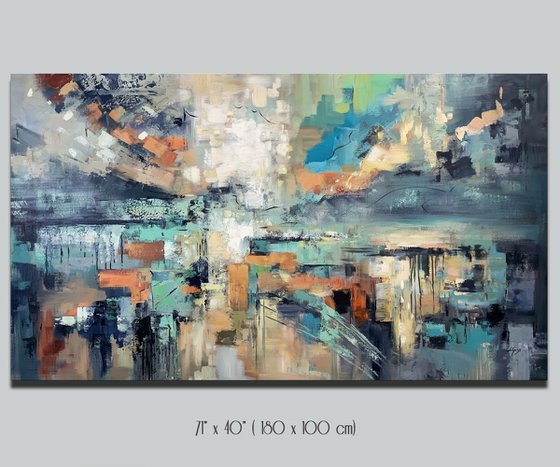 Shining Light - Extra Large Abstract Painting 71" x 40" , Oversize Canvas, Gray, Blue Gold Leaf Soft Colors White Gray Painting