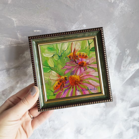 Couple gifts Bee artwork oil painting original in frame, Purple echinacea flowers with two bees small framed art painting of animals