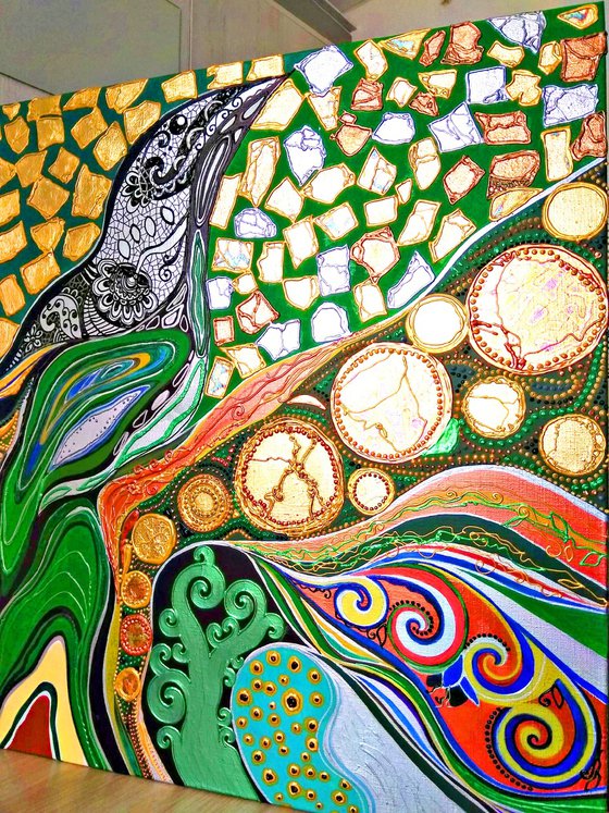 Forest bird - green large abstract painting