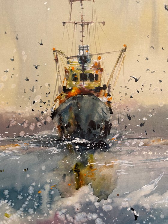 Watercolor "Old boat III” gift For Him