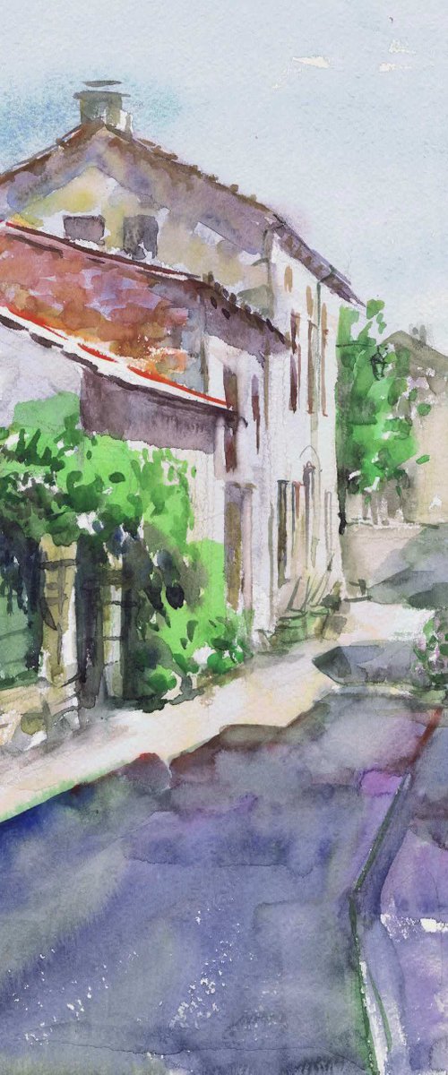 Montcabrier. Street of the small french town. Watercolour by Marina Trushnikova. Cityscape. Architectural scenery. Plain air artwork. by Marina Trushnikova